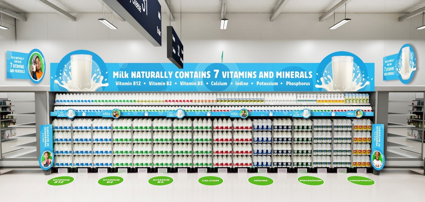 Milk aisle with blue header board with milk bottles with health message, floor vinyls with vitamins 